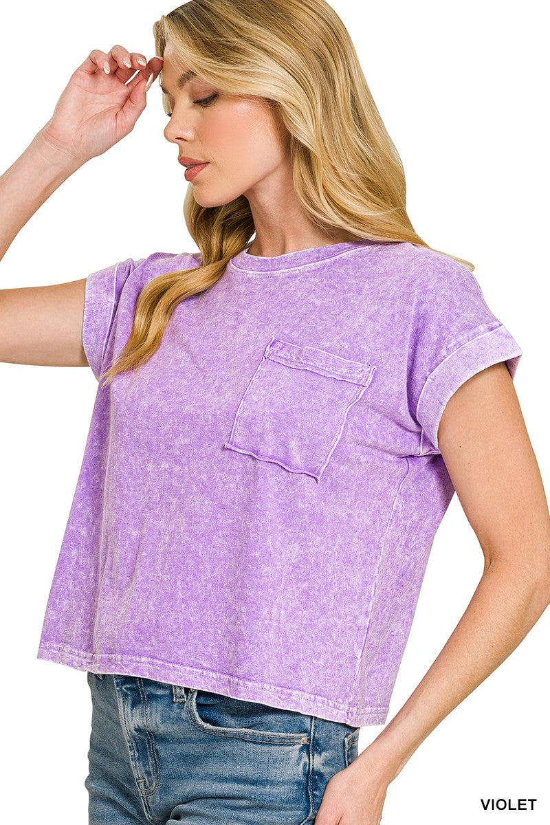 Angled view of violet Zenana cotton T-shirt showing chest pocket and cuffed sleeves. Top only.