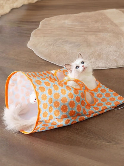 Cat looking out from an orange circle-print collapsible tunnel.
