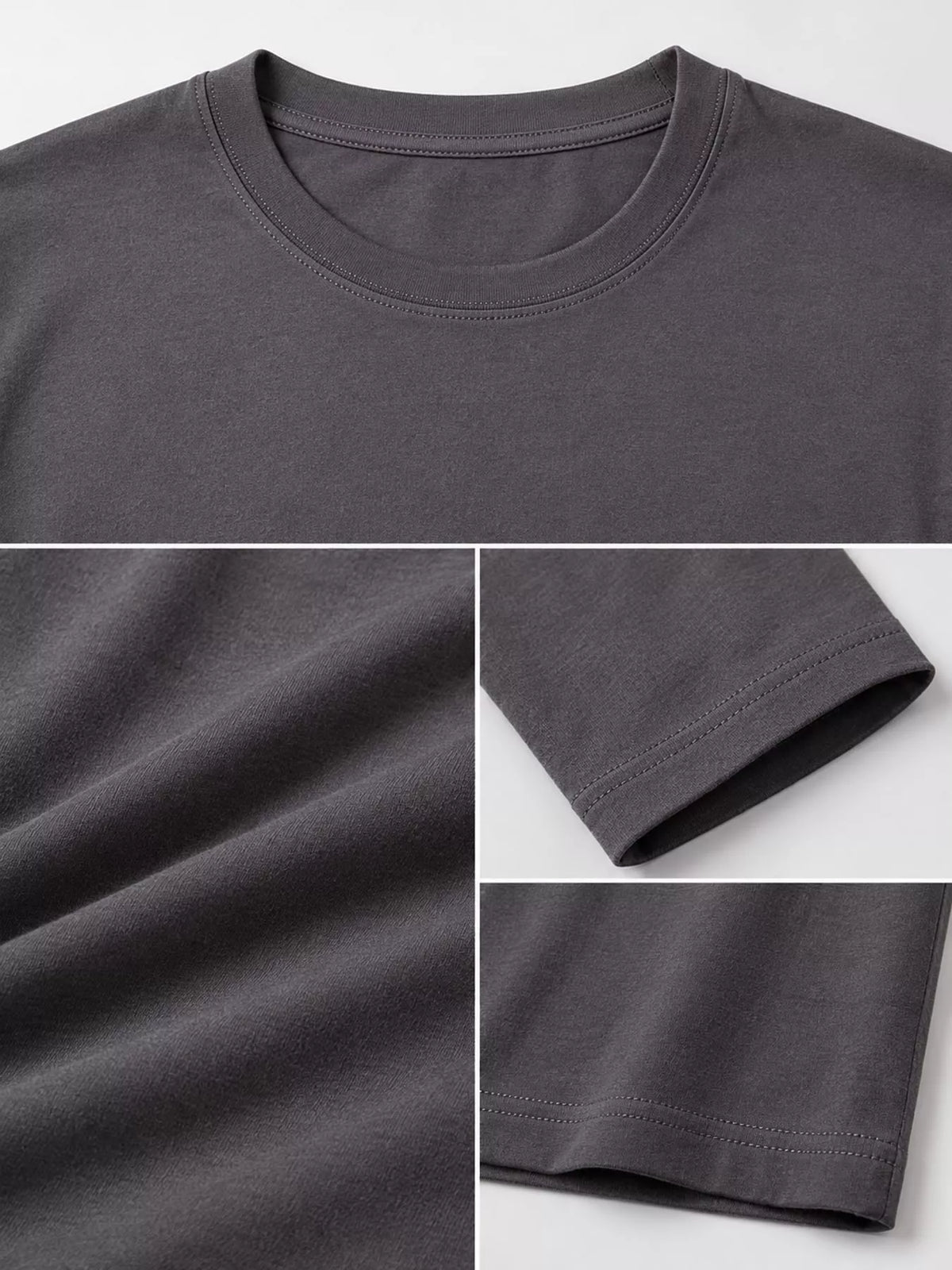 Dark Gray men's cotton long-sleeve crewneck tee, neckline, sleeve and hem details.