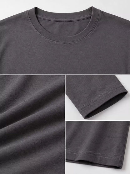 Dark Gray men's cotton long-sleeve crewneck tee, neckline, sleeve and hem details.