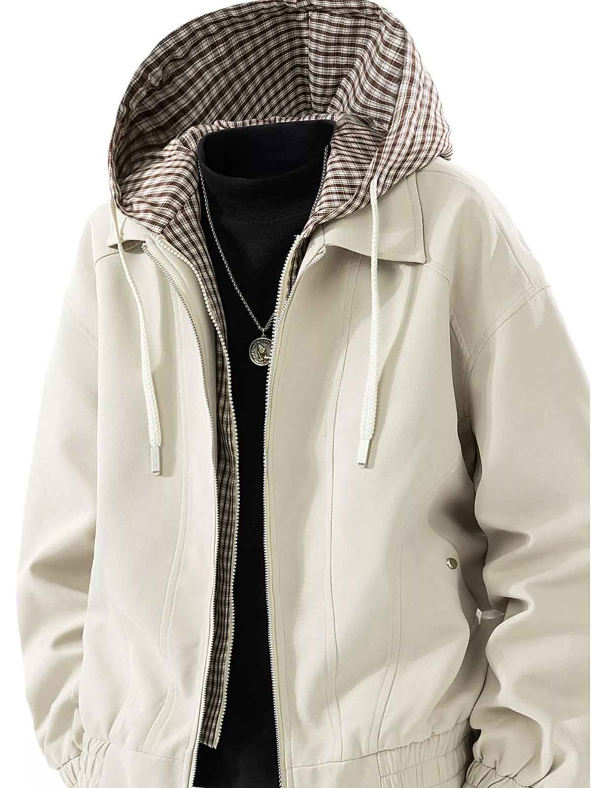 Apricot hooded zip-up jacket, front view with checked hood lining; styled black underlayer and necklace not included.