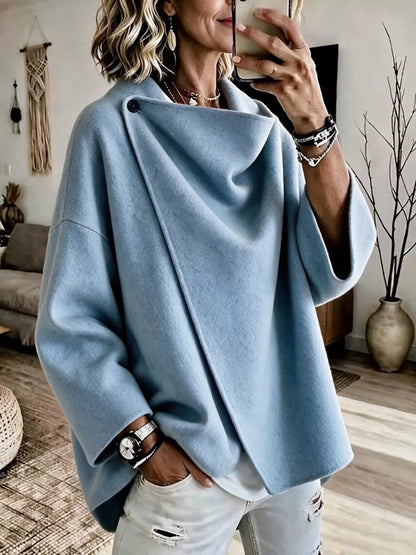 Sky Blue asymmetric cowl-neck cape, modeled front view; one cape included