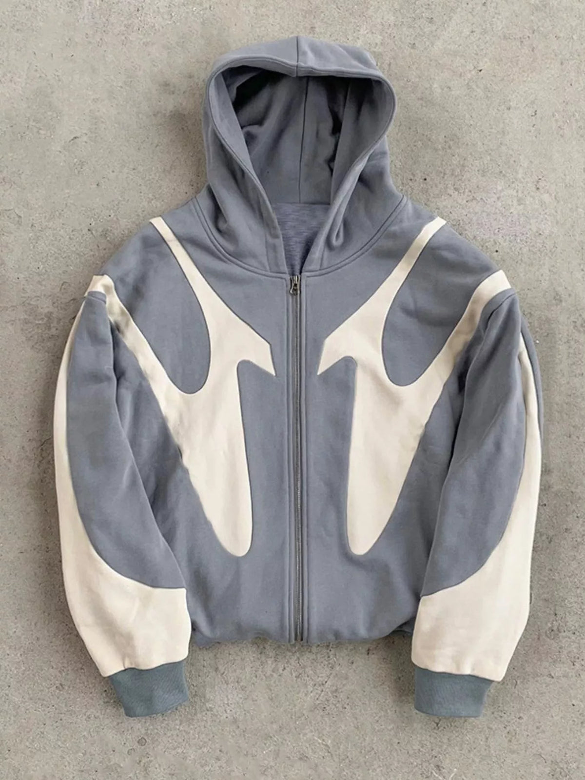 Gray and cream oversized full-zip hoodie, front flat lay
