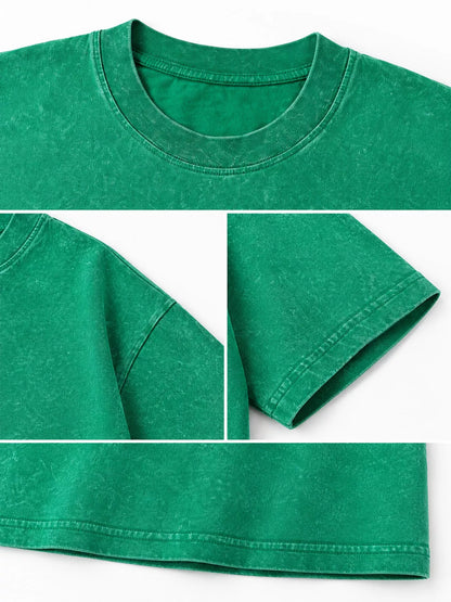 Grass Green-Washed acid-wash oversized crewneck T-shirt, detail collage of neckline, sleeves, hem and fabric. One shirt only.