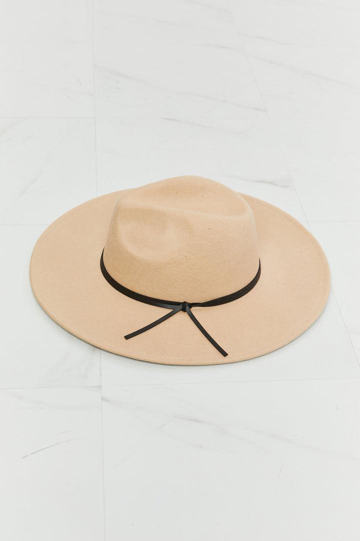 Beige Fame fedora hat with a black knotted faux-leather band, front view