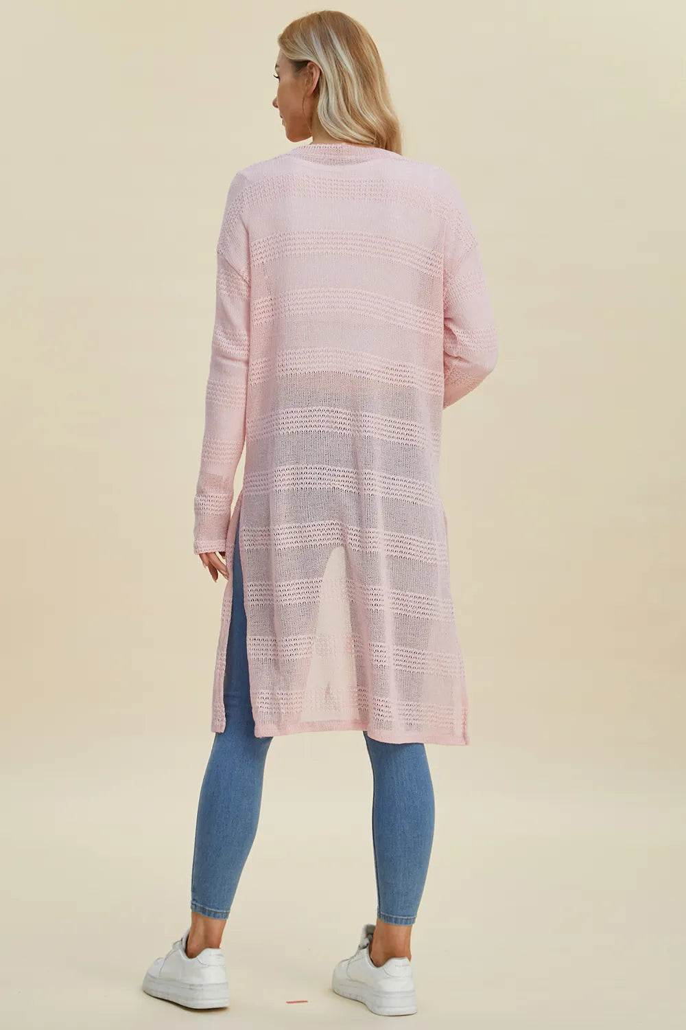 Blush Pink Double Take openwork longline cardigan — back view