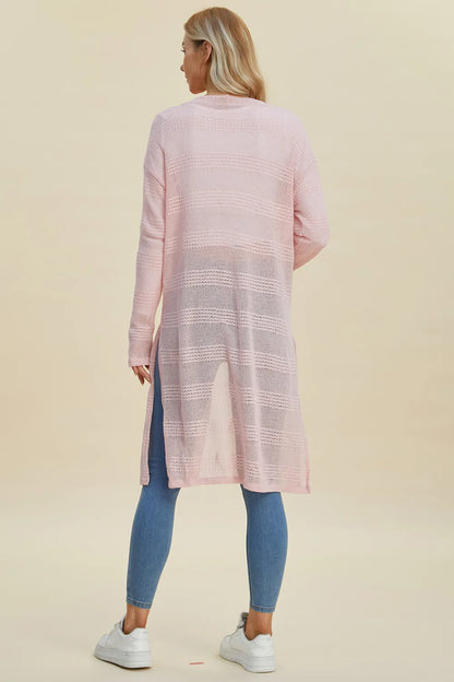 Blush Pink Double Take openwork longline cardigan — back view