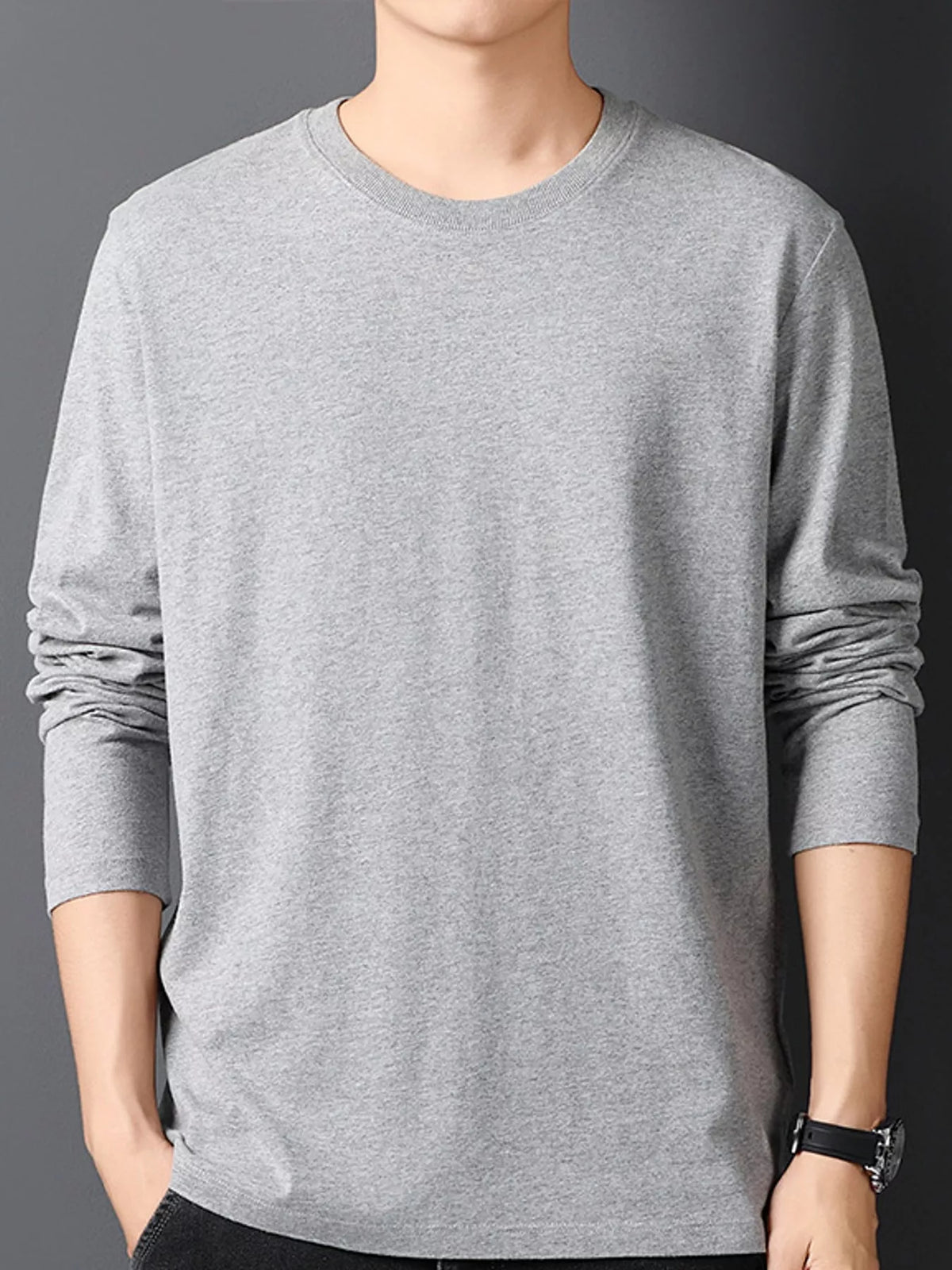 Gray men's cotton long-sleeve crewneck tee, front view.