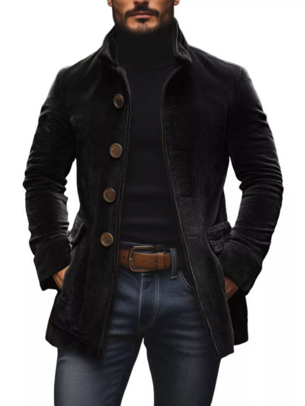 Black stand-collar button-front coat with pockets, shown over a black top and trousers. Coat only.