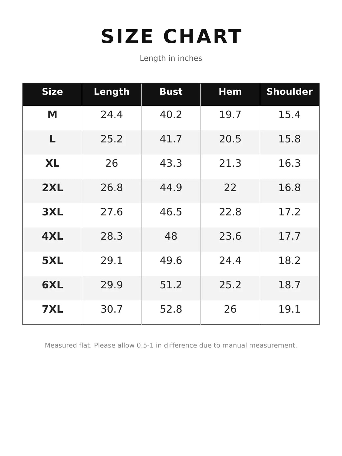 Men's lightweight zip-up puffer vest size chart, sizes M to 7XL, measurements in inches