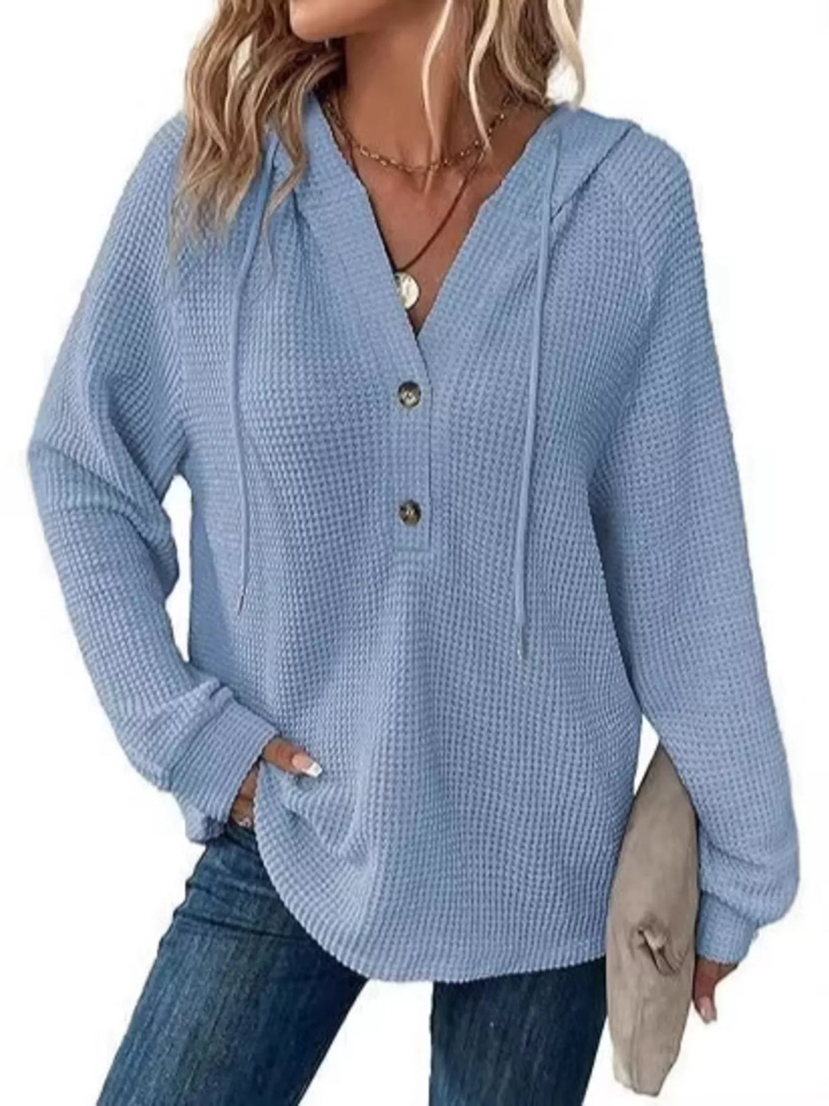 Full Size Waffle Knit Half-Button Hoodie Plus Size — view 12 of 17