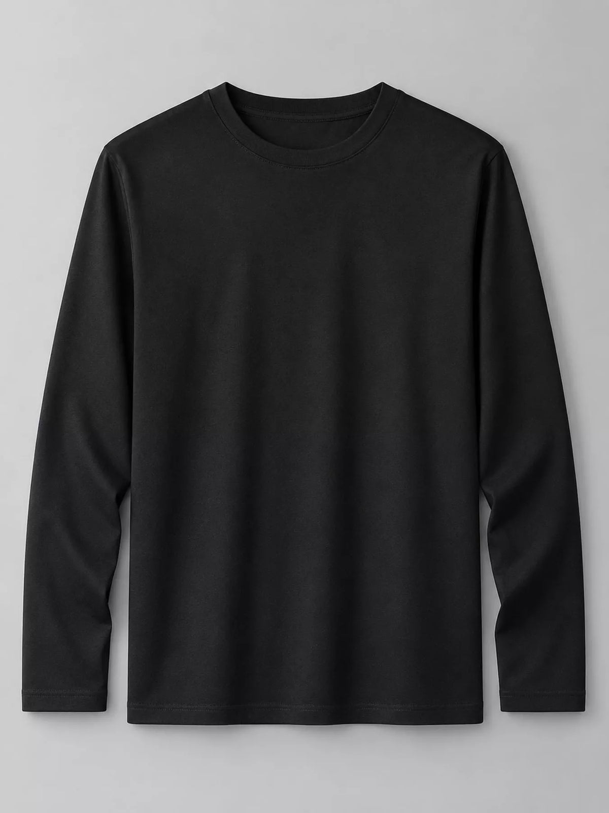 Black men's cotton long-sleeve crewneck tee, laid flat.