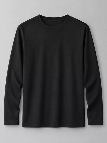 Black men's cotton long-sleeve crewneck tee, laid flat.
