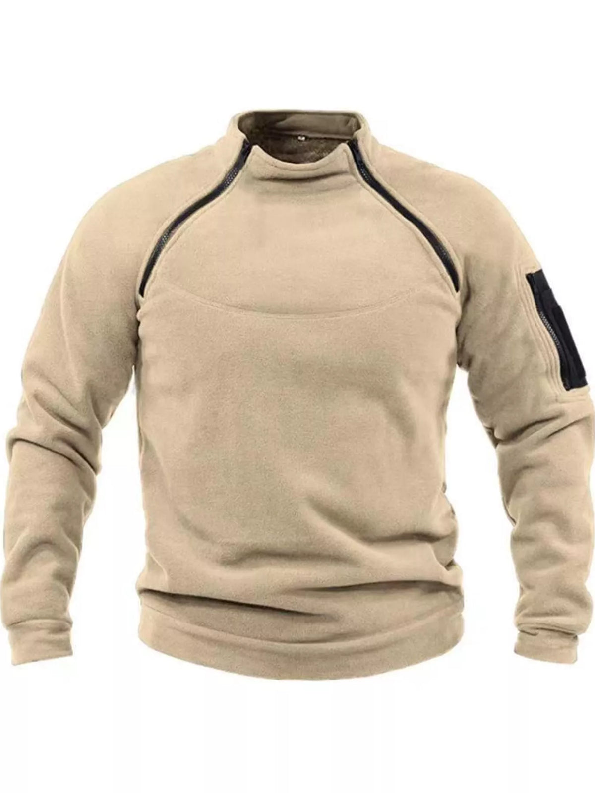 Tan men's fleece sweatshirt with stand collar, two angled neckline zips and a zippered sleeve pocket, front product view. One sweatshirt only.