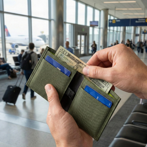 COR Surf bifold wallet held open in a terminal, showing its card slots.