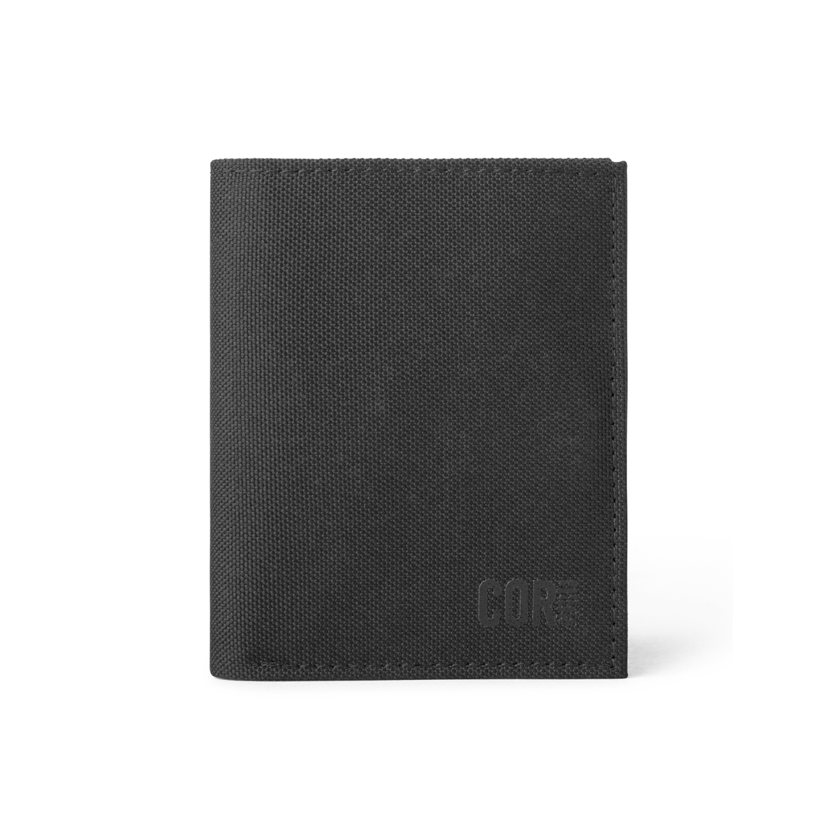 Black COR Surf bifold wallet closed, showing its textured exterior.