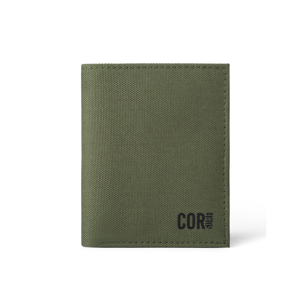 Green COR Surf bifold wallet closed, showing its textured exterior and COR logo.
