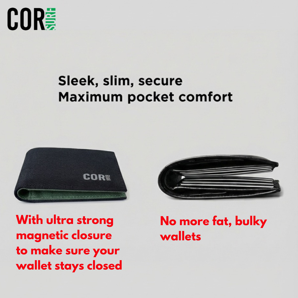 COR Surf bifold wallet folded shut, with views of its slim profile.