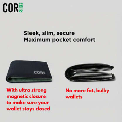 COR Surf bifold wallet folded shut, with views of its slim profile.