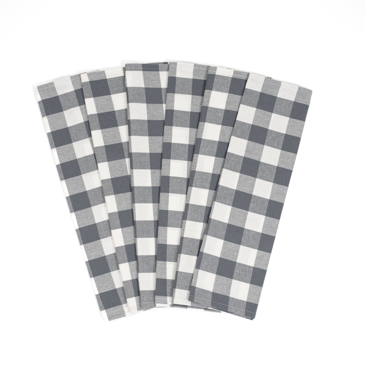 Six black-and-white plaid cotton kitchen towels arranged in a fan; one six-towel set.