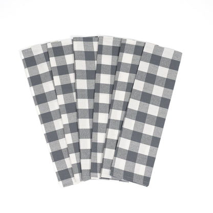 Six black-and-white plaid cotton kitchen towels arranged in a fan; one six-towel set.