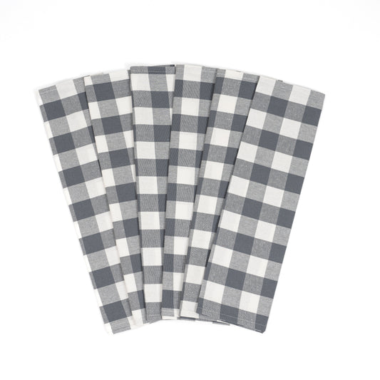 Six black-and-white plaid cotton kitchen towels arranged in a fan; one six-towel set.