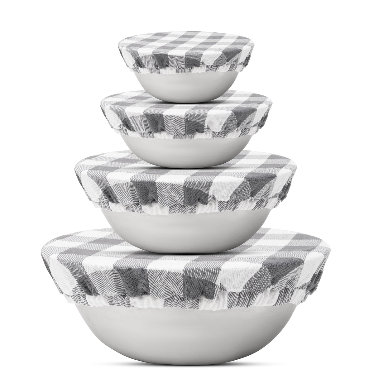 Four gray and white checked cloth covers on graduated bowls