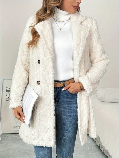 White fleece double-breasted longline coat, angled front view
