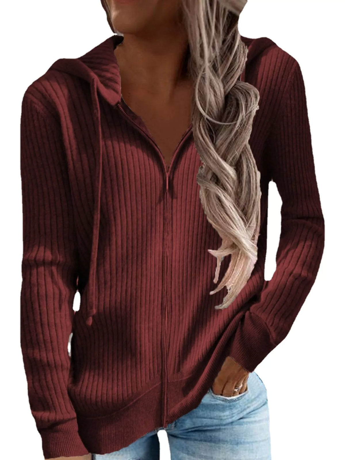 Front or angled view of the burgundy ribbed zip-front hooded cardigan with long sleeves.