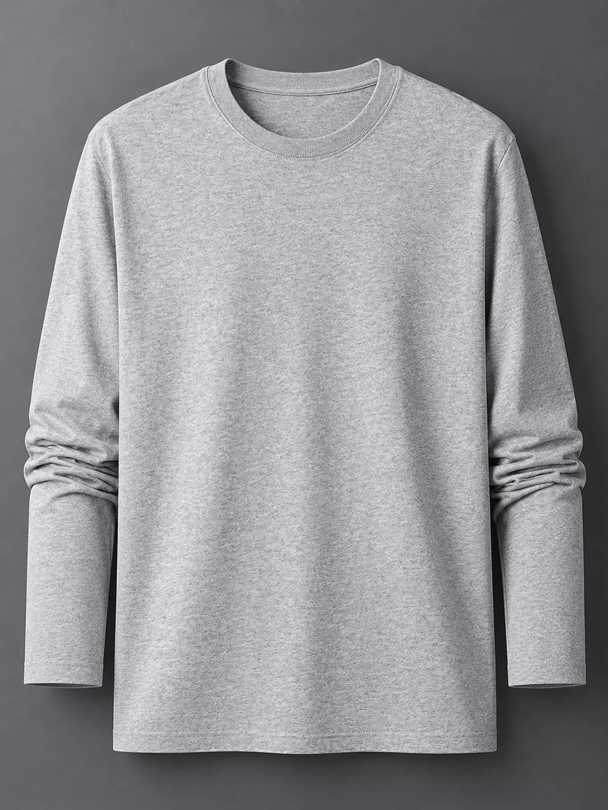 Gray men's cotton long-sleeve crewneck tee, laid flat.