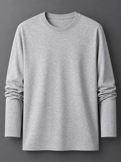 Gray men's cotton long-sleeve crewneck tee, laid flat.