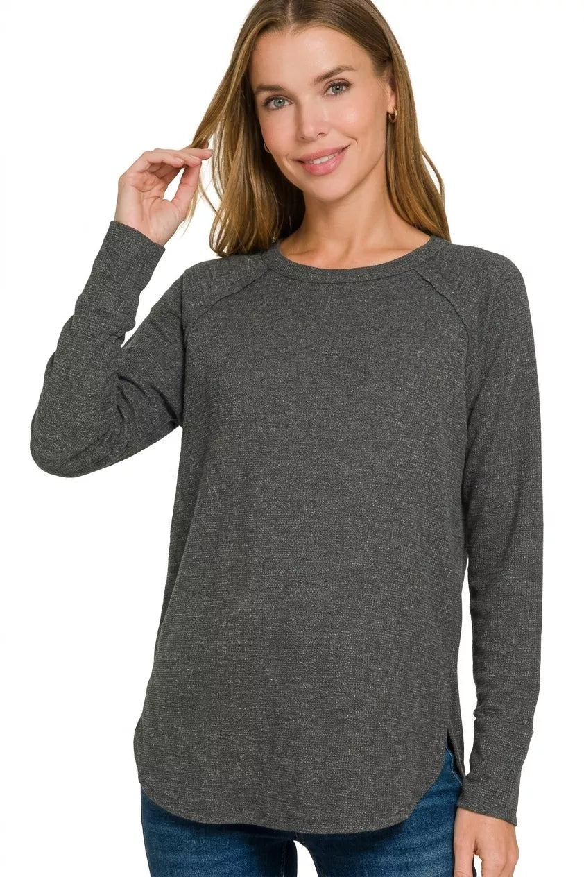 Black Zenana waffle-knit long sleeve top, relaxed front styling view