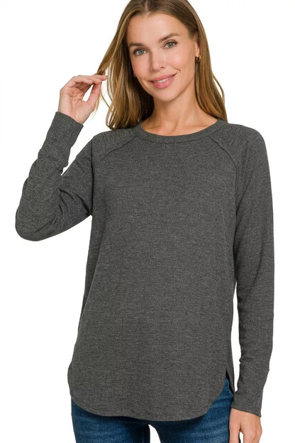 Black Zenana waffle-knit long sleeve top, relaxed front styling view