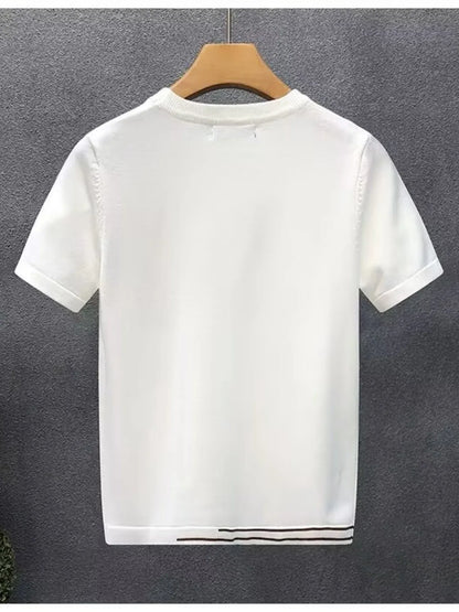 White contrast-trim T-shirt on a hanger, back view.
