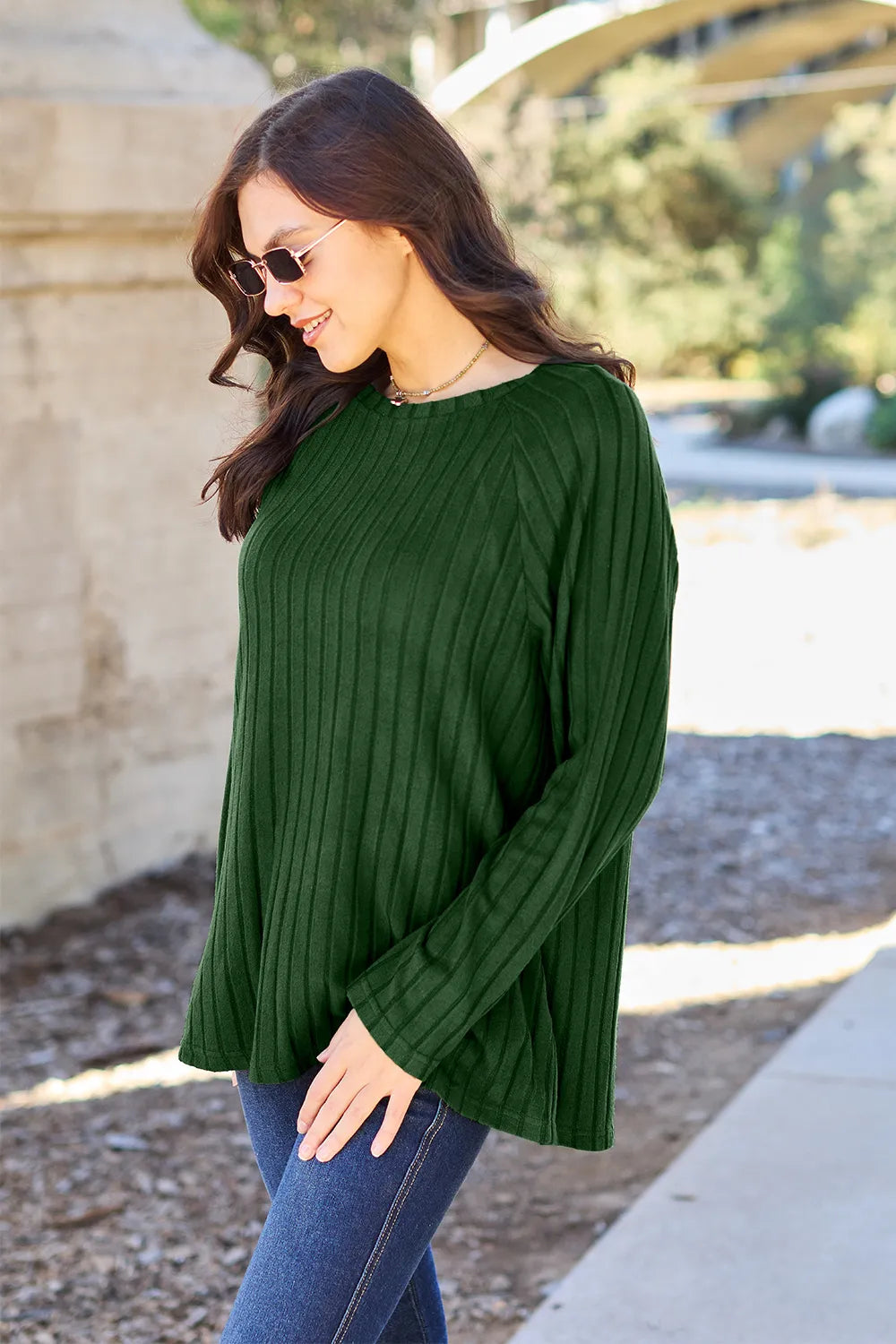 Basic Bae opaque ribbed long-sleeve knit top in Dark Green, side view