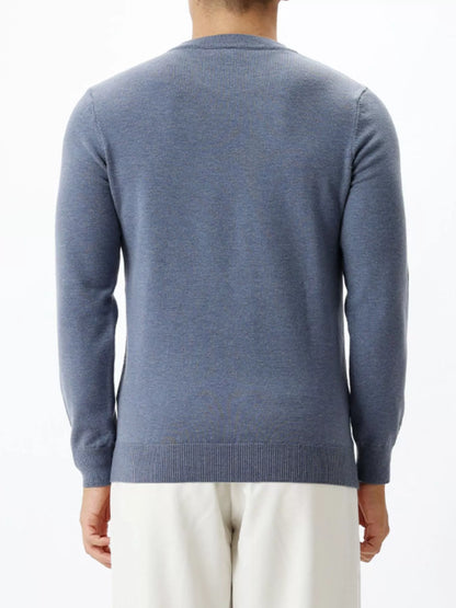 Men's long-sleeve crew-neck sweater in Dark Blue, back view.