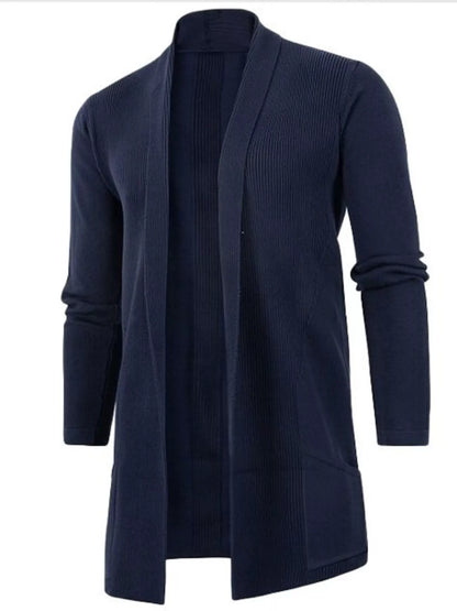 Men's longline ribbed open-front cardigan with long sleeves and front pockets — Navy front view.