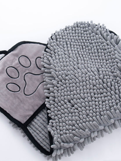 Gray pet towel showing paw-print pockets and textured reverse