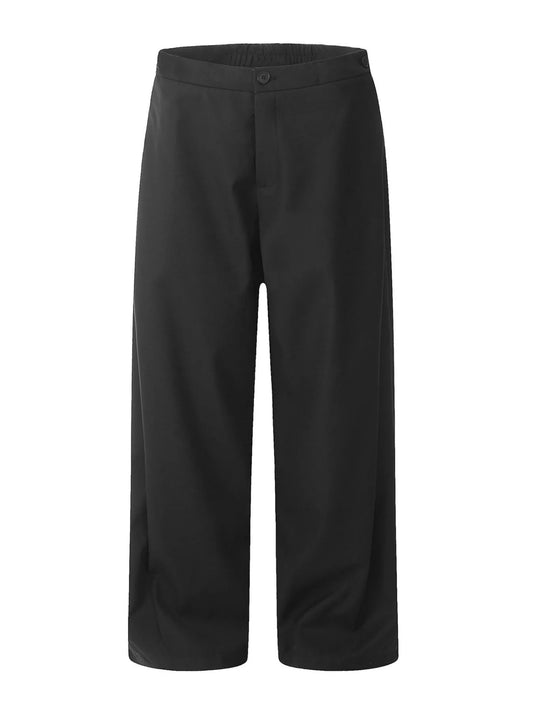 Black men's wide-leg trousers shown from the front, with a button waistband and straight full-length hems.