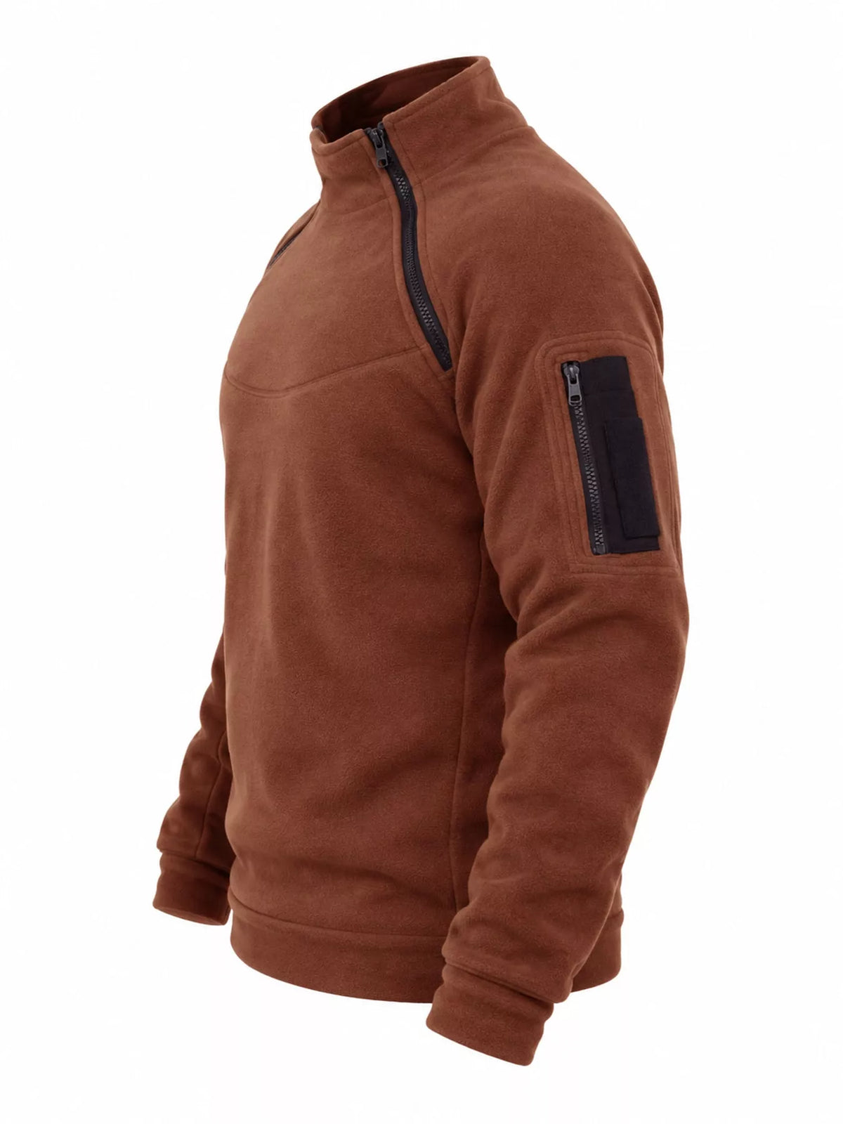 Terracotta men's fleece sweatshirt with stand collar, two angled neckline zips and a zippered sleeve pocket, side product view. One sweatshirt only.