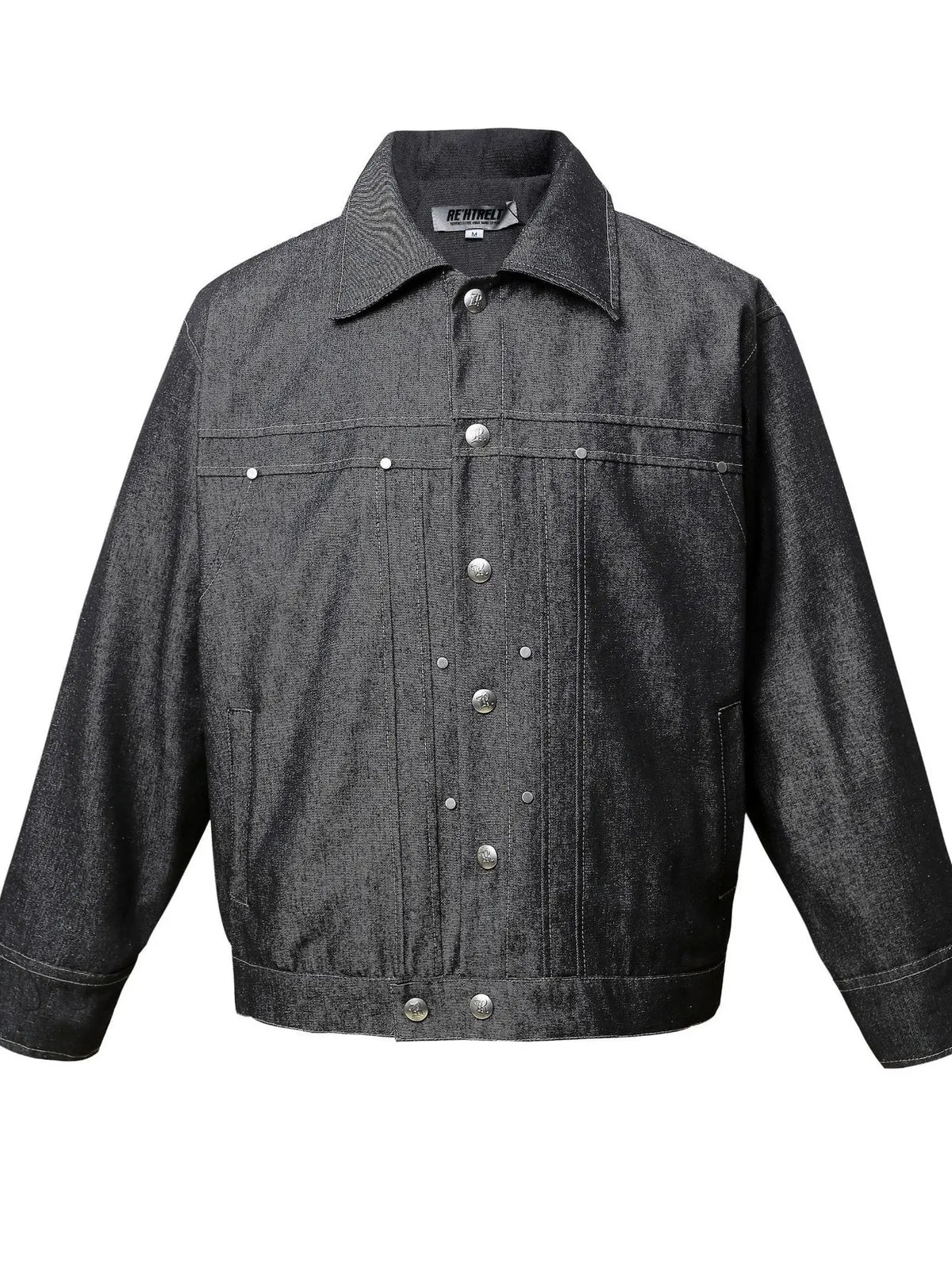 Black denim jacket with rivet details, front view