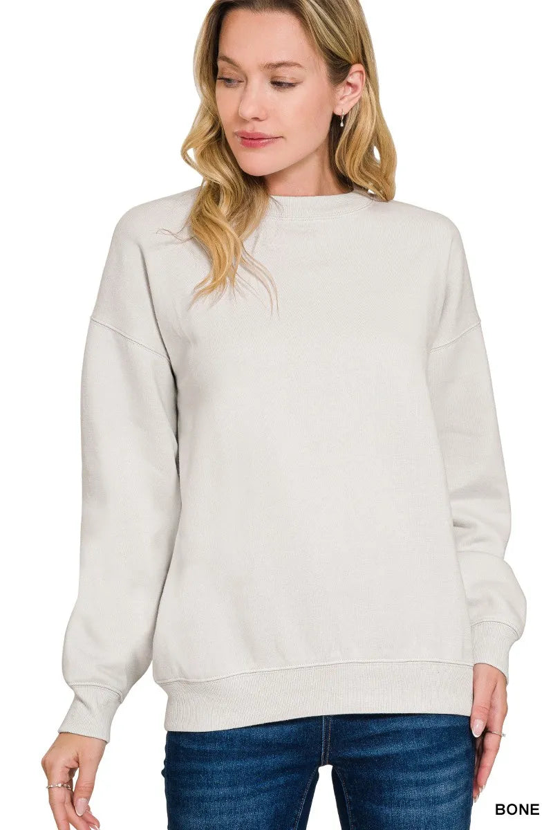 Zenana Bone fleece crewneck sweatshirt, front view
