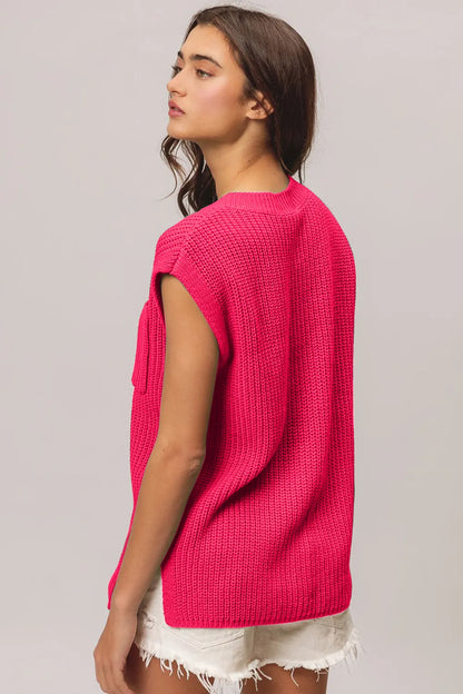 Side and back view of the fuchsia knit top showing its relaxed shape and ribbed hem; shorts are not included.