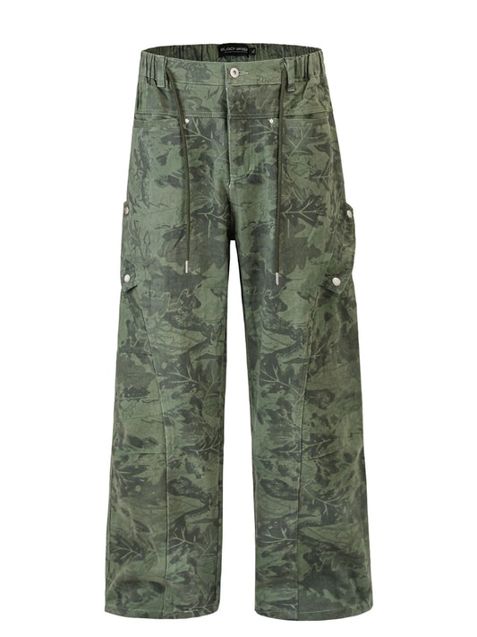 Garment-only front view of green camouflage cargo trousers with drawstrings and flap pockets.