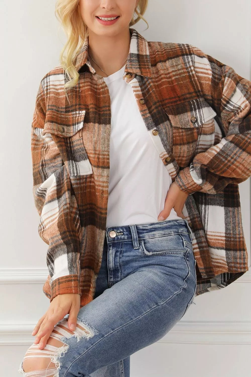 Caramel plaid button-up shacket product view 8