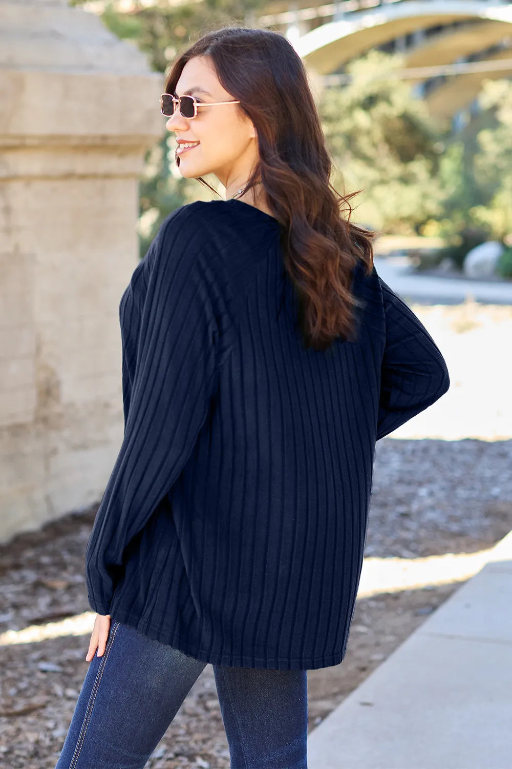 Basic Bae opaque ribbed long-sleeve knit top in Dark Blue, back view