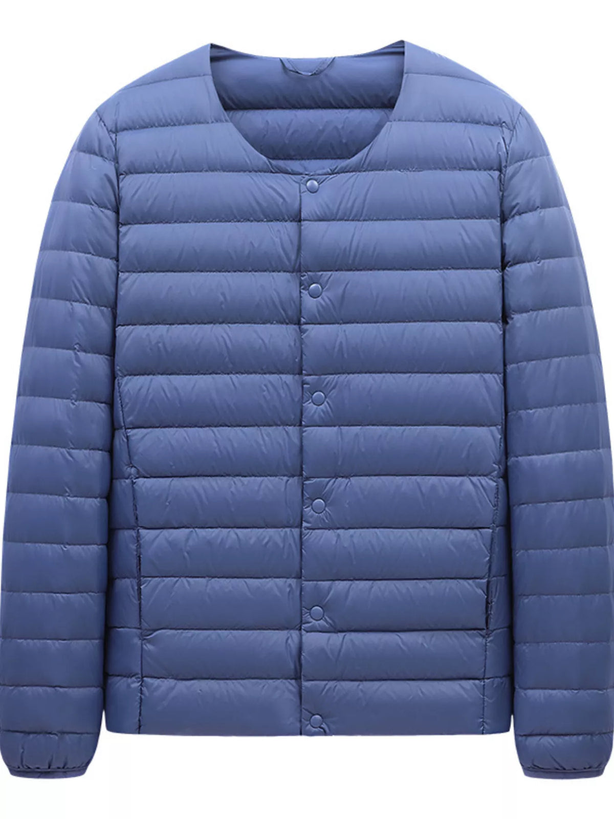 Blue snap-front quilted jacket, garment-only front view