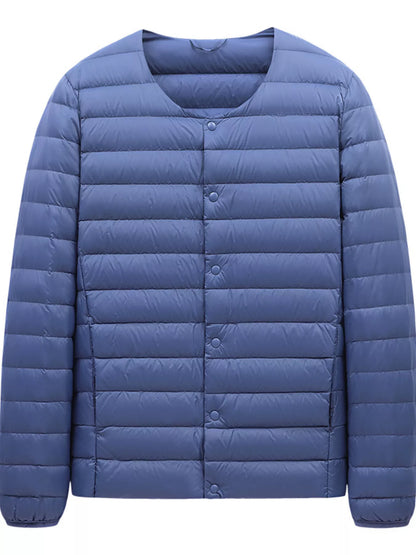 Blue snap-front quilted jacket, garment-only front view