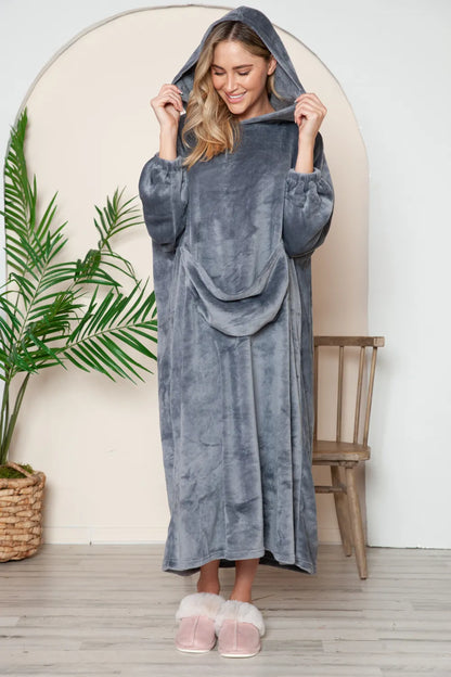 Dark Gray hooded midi lounge dress with long sleeves and front kangaroo pocket, front or angled view. One dress; styling accessories not included.