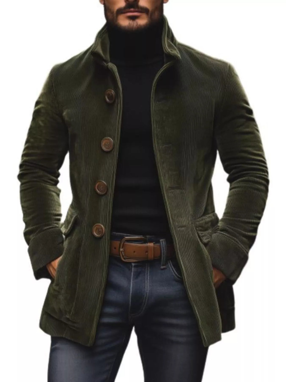 Green stand-collar button-front coat with pockets, shown over a black top and trousers. Coat only.
